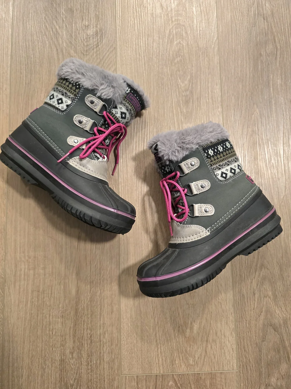 London Fog Girls Gray Pink Waterproof Snow Boots Faux Fur NWOT Youth Size 2